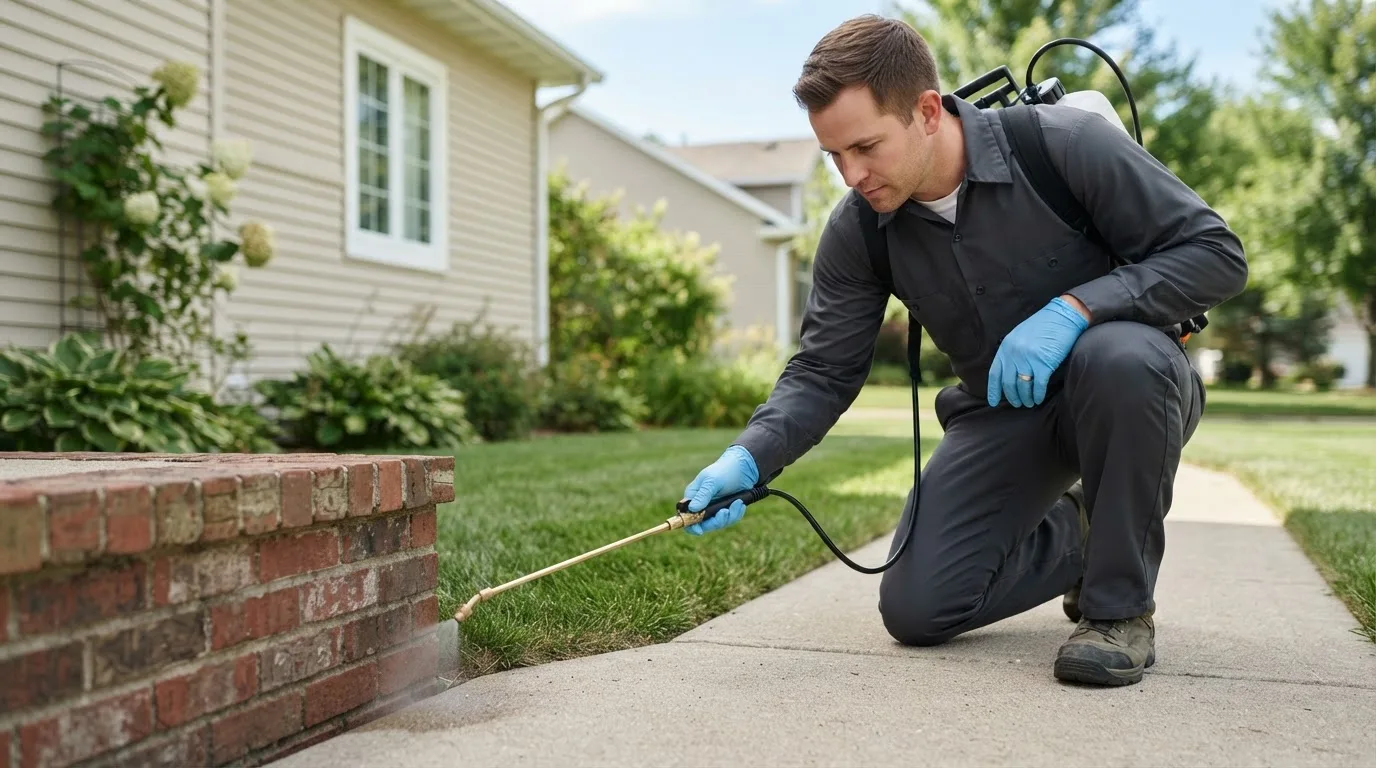 Pest control technician treating a home near Hemet, CA